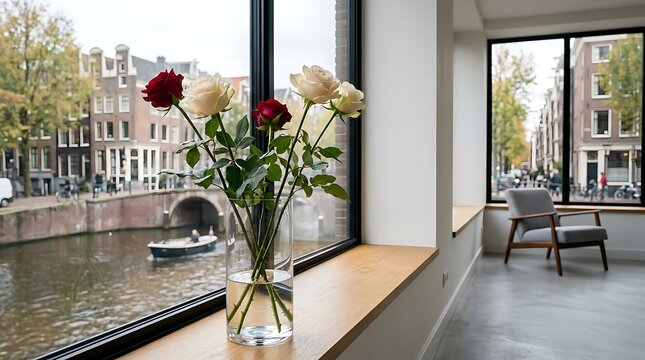 Elegant bouquet of roses in a vase overlooking an Amsterdam canal.