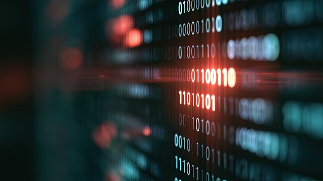 Abstract digital streams of glowing binary code with red highlights