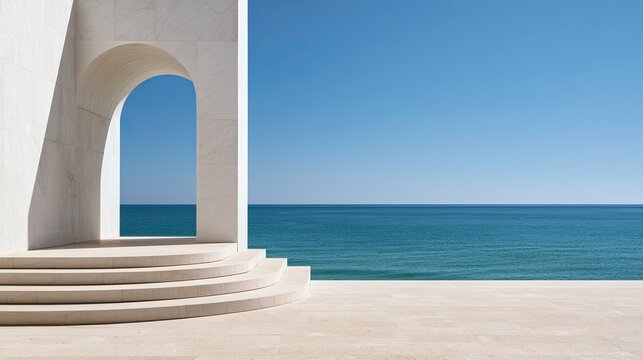 White marble archway with steps leading to a serene blue ocean