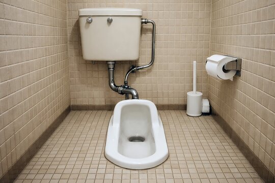 清潔感のあるベージュのタイル壁に設置されたレトロな和式トイレと洗浄用タンクの風景