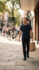 Obraz premium Urban leisure as a young man strolls down a sun-drenched city sidewalk carrying a shopping bag amidst the gentle flow of afternoon life