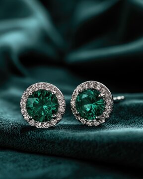 Elegant emerald and diamond stud earrings sparkling on luxurious teal velvet