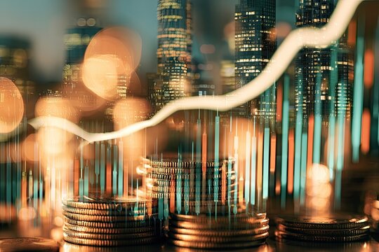 Stacked coins and rising graph overlayed with city skyline