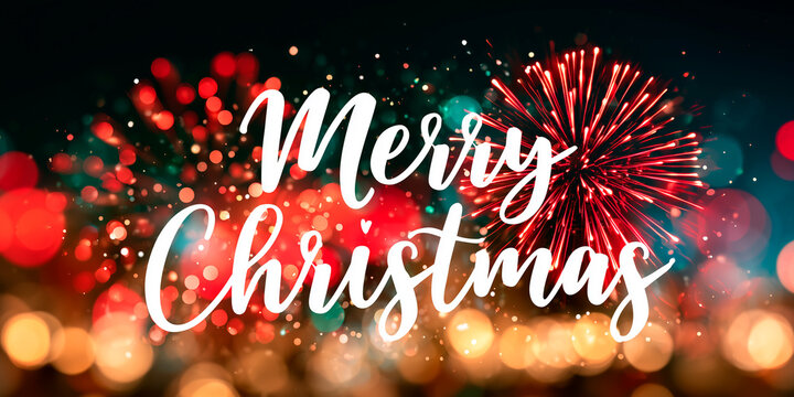 Merry Christmas Text Typography on Blurred Fireworks Celebration Background