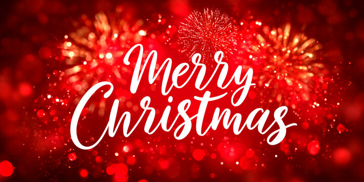 Merry Christmas Text Typography on Blurred Fireworks Celebration Background