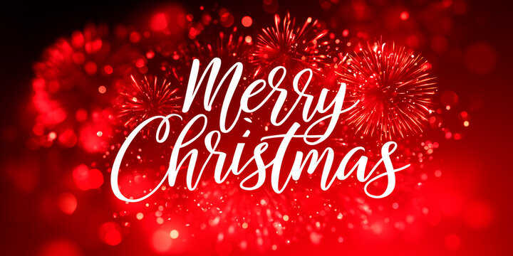 Merry Christmas Text Typography on Blurred Fireworks Celebration Background