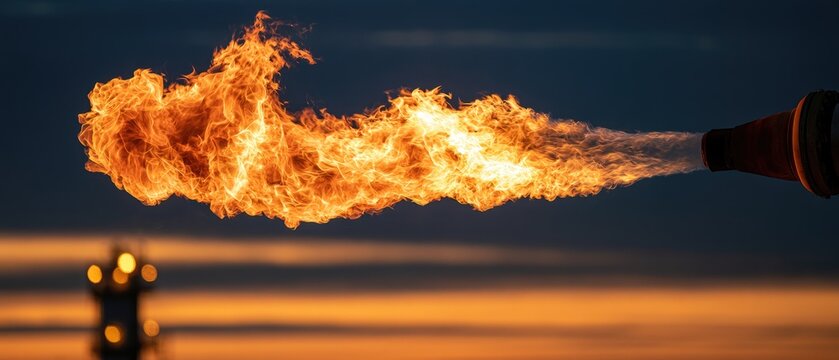 A powerful jet of flame erupts from a flare stack against a twilight sky
