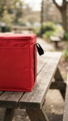 Naklejka premium A Vibrant Red Insulated Cooler Bag Resting on a Rustic Wooden Picnic Table in a Serene Park Setting for Outdoor Dining and Refreshment Storage Solutions