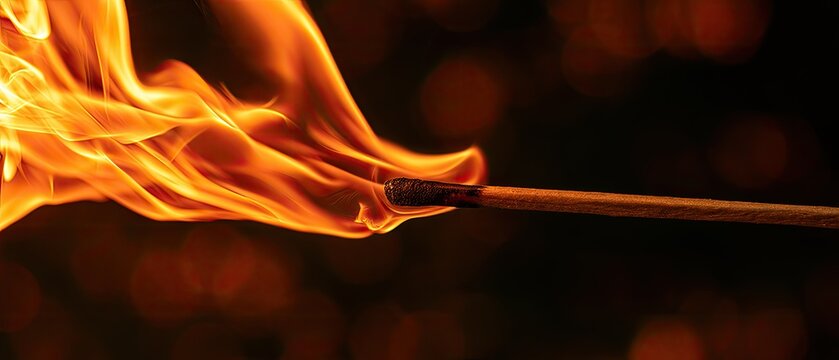 Close-up of a lit matchstick with bright orange flames and blurred bokeh background