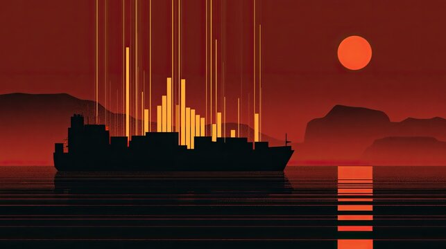 Silhouetted cargo ship at sunset with light beams rising