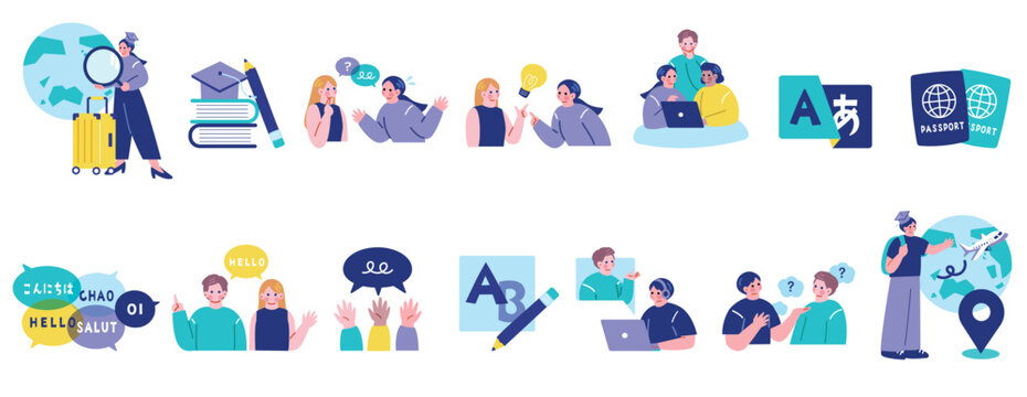 留学と英語学習する人々のイラストセット
