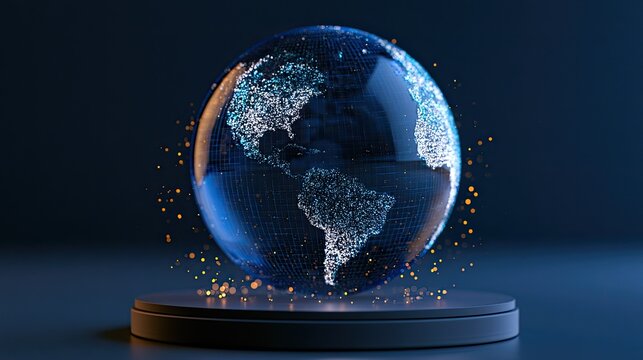 Digital globe on a pedestal with glowing lights and particles