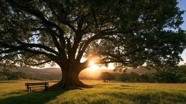 Majestic ancient tree stands alone in sun-drenched meadow with a lonely bench