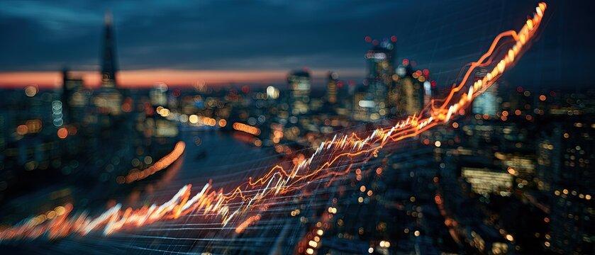 Blurred cityscape with an abstract glowing line graph overlay suggesting growth
