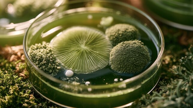 Close-up of petri dish cultures with green, organic growth