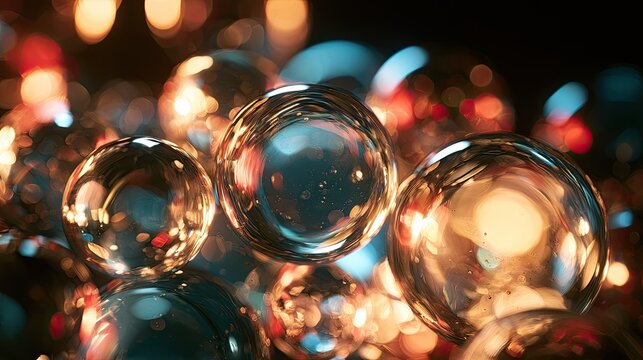 Close-up of clear spheres reflecting warm, blurred lights, creating a dreamy, luminous effect