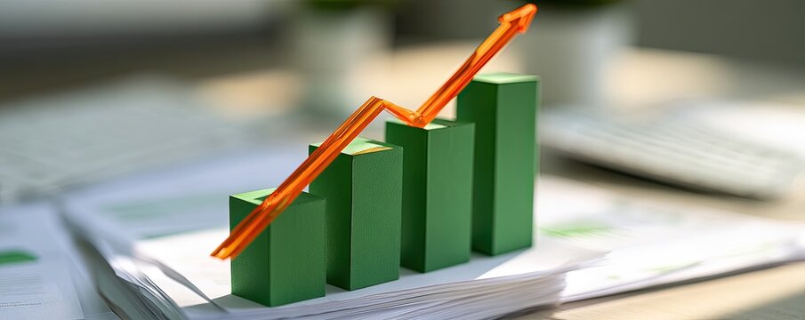 Green bar chart with an orange upward trend arrow on papers