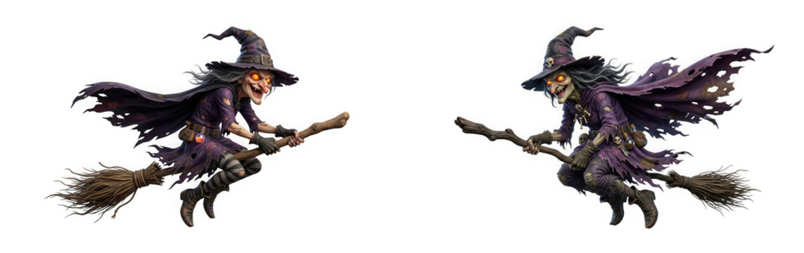 Two spooky witches flying on broomsticks isolated on transparent background