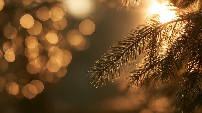 Golden sunlight streams through evergreen needles, creating a warm, blurred background