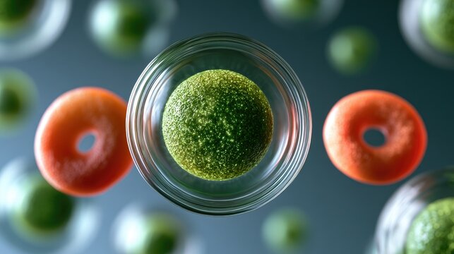 Microscopic view of colorful cells and spheres suspended in a fluid medium
