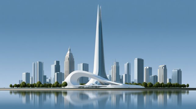 Sleek, modern skyscraper complex with organic architectural elements on waterfront