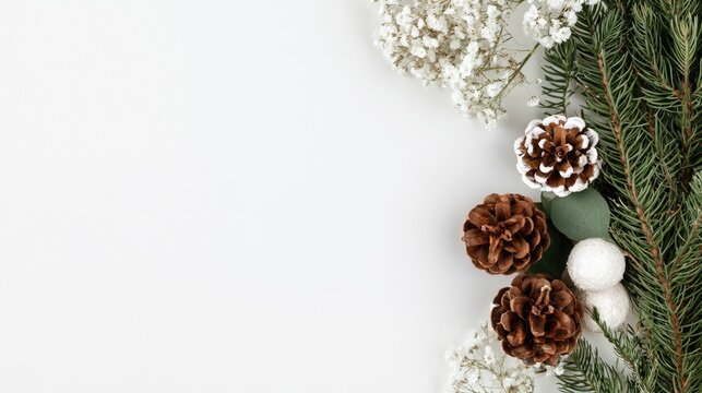 A festive arrangement of pine cones, evergreen sprigs, and delicate white flowers