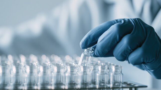 A gloved hand carefully selects a small vial from a tray of sterile containers