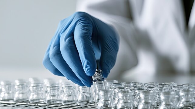 Gloved hand selects a vial from a rack of clear glass pharmaceutical containers