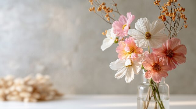 Delicate cosmos flowers in soft pinks and whites bloom in a glass vase