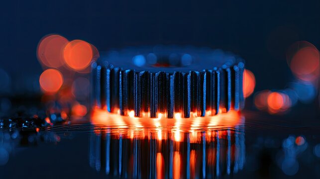 Illuminated metal gear on a reflective surface with bokeh lights
