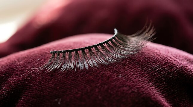 False eyelash on a dark red velvet background.