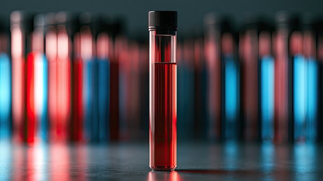 One test tube of red liquid stands in front of many out-of-focus tubes