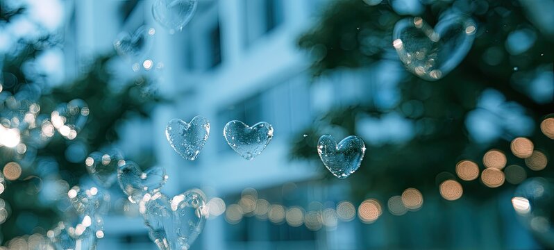 Frosted heart-shaped bubbles drift against a soft-focus background of blue