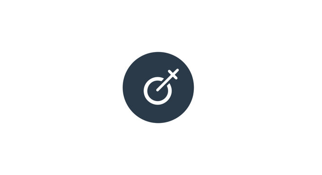 A white symbol representing womanhood with a circle and a cross inside, set against a dark blue circular background