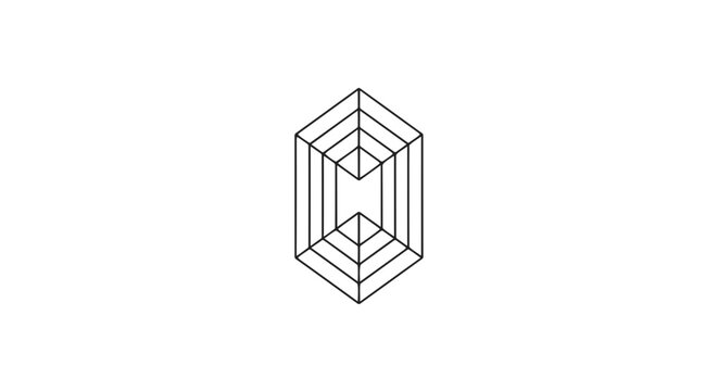 Abstract geometric optical illusion of a cube with perspective lines suggesting depth and dimension. The lines create a paradoxical visual effect, drawing the viewer into an impossible structure