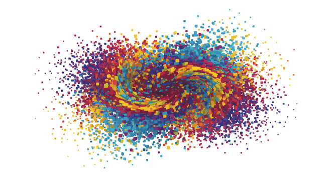 A vibrant, swirling vortex of colorful dots resembling a galaxy or a cosmic explosion. The particles are in shades of blue, red, yellow, and purple, creating a dynamic and abstract pattern