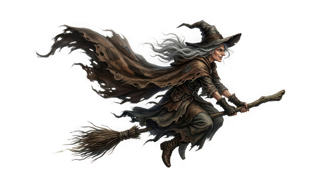 An elderly witch with a tattered cloak flying on a wooden broomstick isolated on transparent background