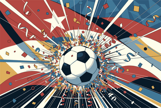 Action-packed illustration of a soccer ball at the center of an explosion of confetti and flags from around the world on a football field.