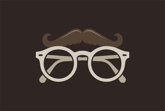 Minimalist graphic design features a classic brown mustache positioned above a pair of round white rimmed glasses on a dark background.