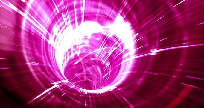 Abstract red glowing tunnel loop with fast light trails and digital data particles moving forward. 4K 3D Animation.