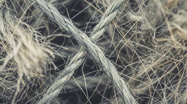 Extreme macro close up of rough textured jute twine string forming interwoven patterns with natural fibers for rustic craft background or natural material concepts.