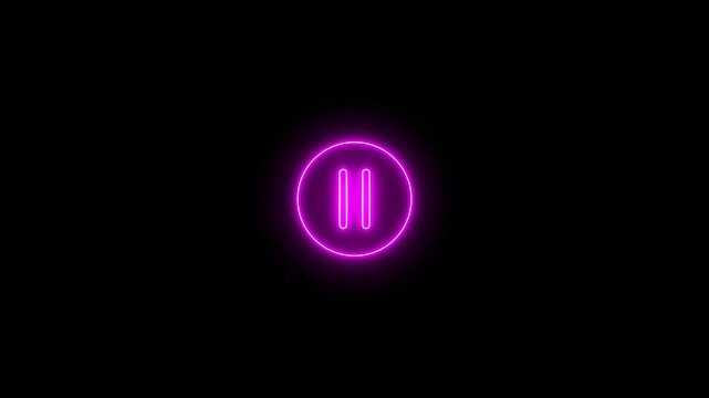 Glowing neon media player pause icon animation video and audio play stop control circle pause button sign symbol on black background. 4k video animation
