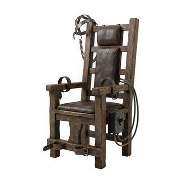 Vintage electric chair with leather upholstery and restraints isolated on transparent background