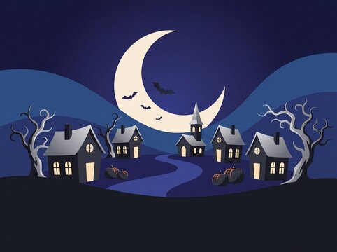 Spooky halloween village landscape with houses, pumpkins, bats and crescent moon