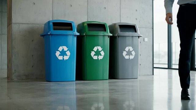 Modern Eco-Friendly Recycling Bins In Blue, Green And Grey In A Sleek Office Interior Promoting Sustainability Practices