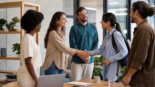Team welcoming a new colleague in a relaxed office