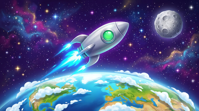 Illustration of a sleek rocket soaring high above Earth, embarking on an exciting space adventure towards the distant moon, symbolizing innovation
