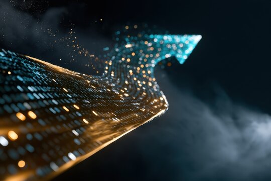 Futuristic glowing upward arrow made of digital particles and light signals symbolizing growth progress and technological advancement in dark background