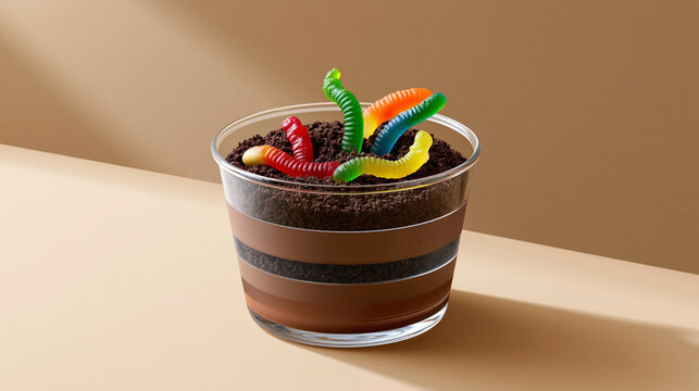 Dirt cake dessert in transparent cup with gummy worms and cookie crumbs, close-up