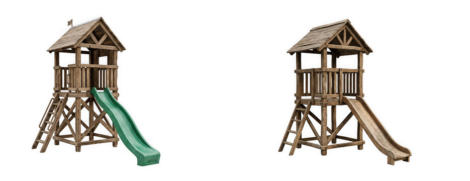 Wooden playground tower with slide isolated on transparent background